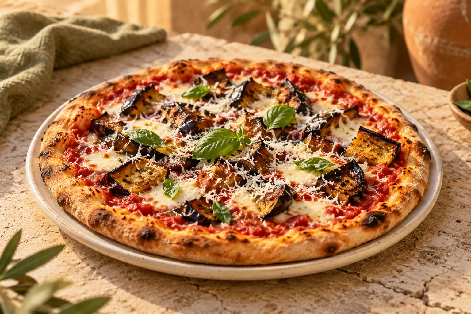 Immagine illustrativa di pizza alla Norma con melanzane, ricotta salata e basilico