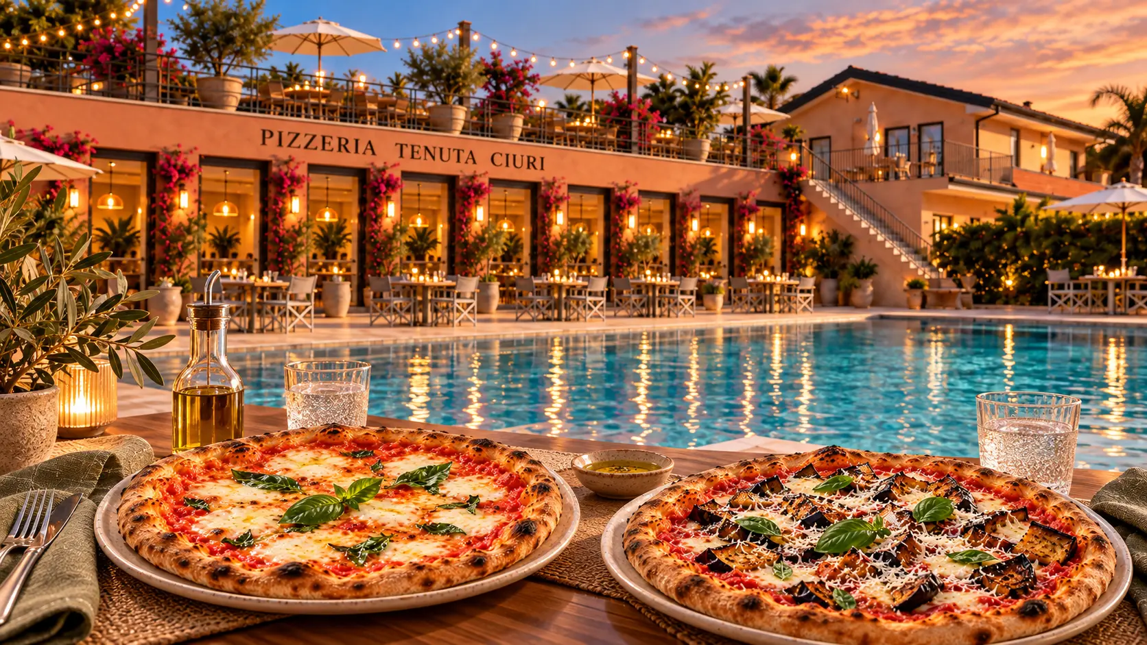 Rendering della futura Pizzeria Tenuta Ciuri: pizze tradizionali servite a bordo piscina a Mascali