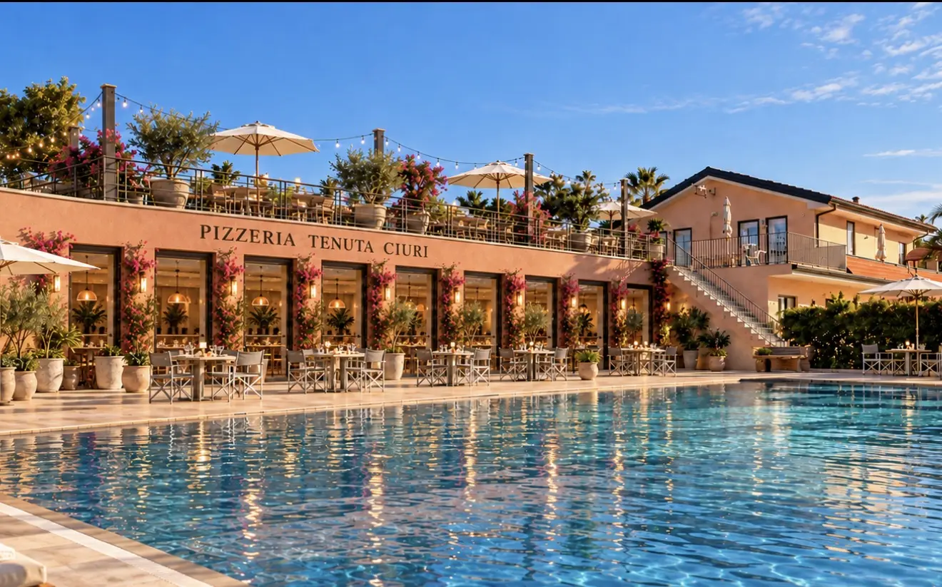 Rendering del progetto della Pizzeria Tenuta Ciuri a Mascali, con sala affacciata sulla piscina