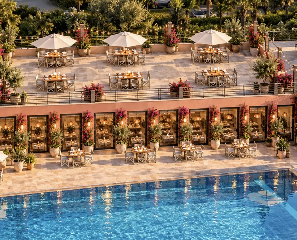 Rendering della terrazza della futura Pizzeria Tenuta Ciuri con tavoli e ombrelloni