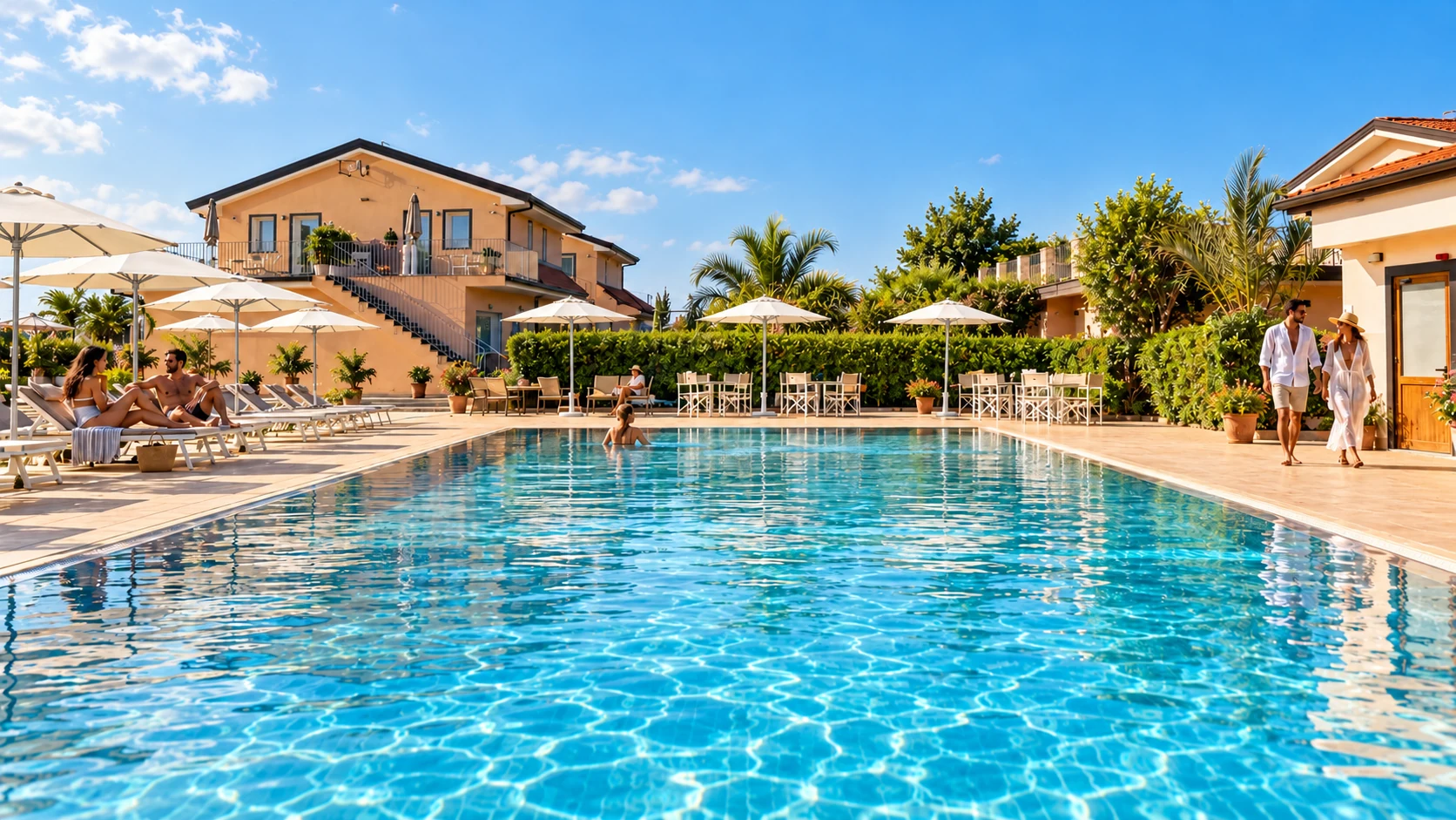 Scena illustrativa della piscina di Tenuta Ciuri, luminosa e animata da ospiti
